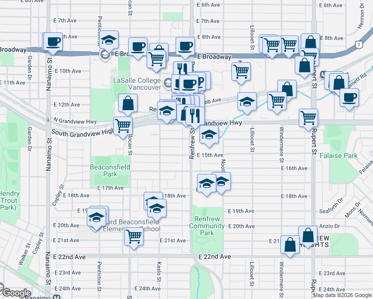 map of restaurants, bars, coffee shops, grocery stores, and more near in Vancouver