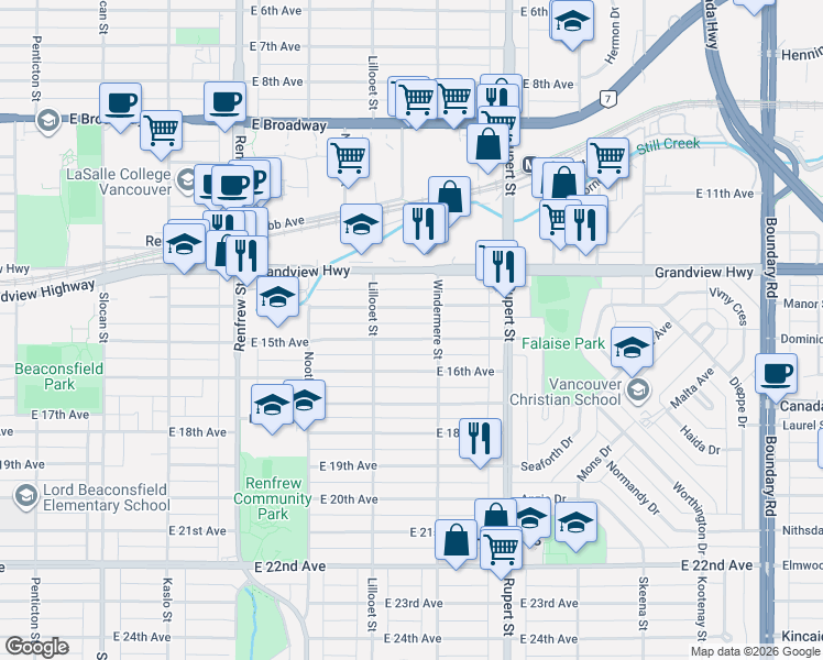 map of restaurants, bars, coffee shops, grocery stores, and more near 3161 East 15th Avenue in Vancouver