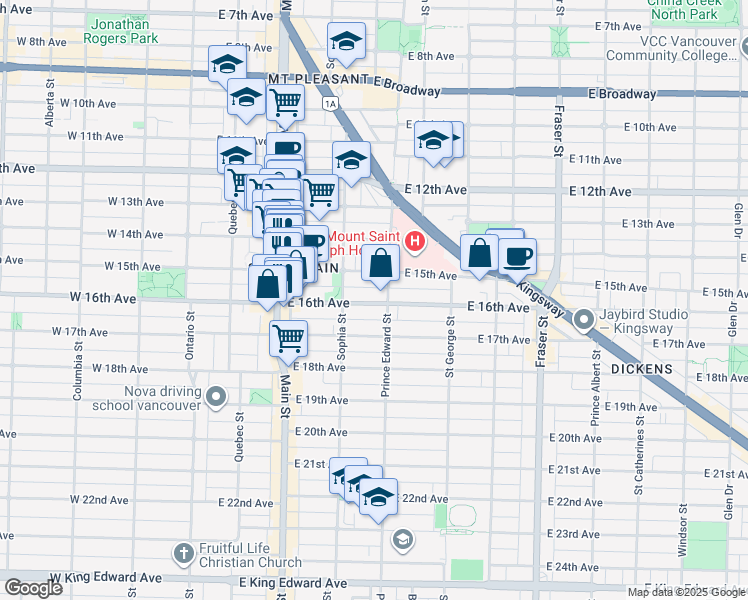 map of restaurants, bars, coffee shops, grocery stores, and more near 365 East 16th Avenue in Vancouver