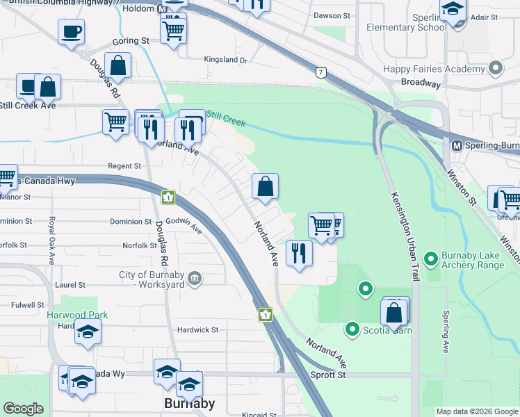map of restaurants, bars, coffee shops, grocery stores, and more near 3060 Norland Avenue in Burnaby