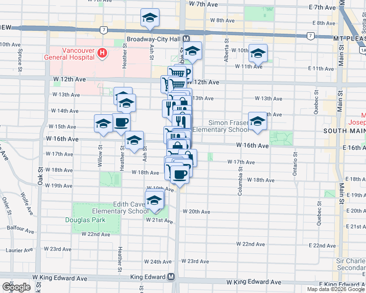map of restaurants, bars, coffee shops, grocery stores, and more near 480 West 16th Avenue in Vancouver