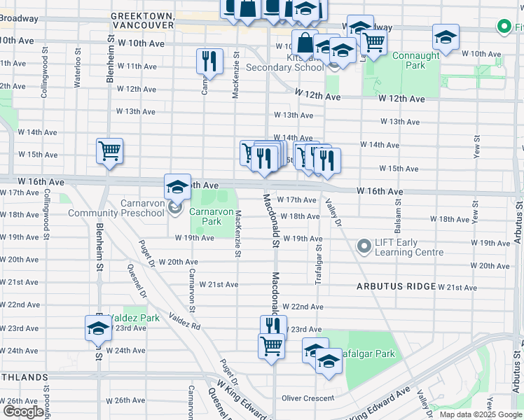 map of restaurants, bars, coffee shops, grocery stores, and more near 2833 West 18th Avenue in Vancouver