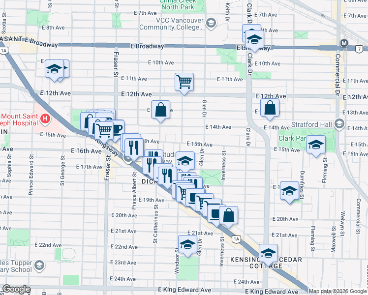 map of restaurants, bars, coffee shops, grocery stores, and more near in Vancouver