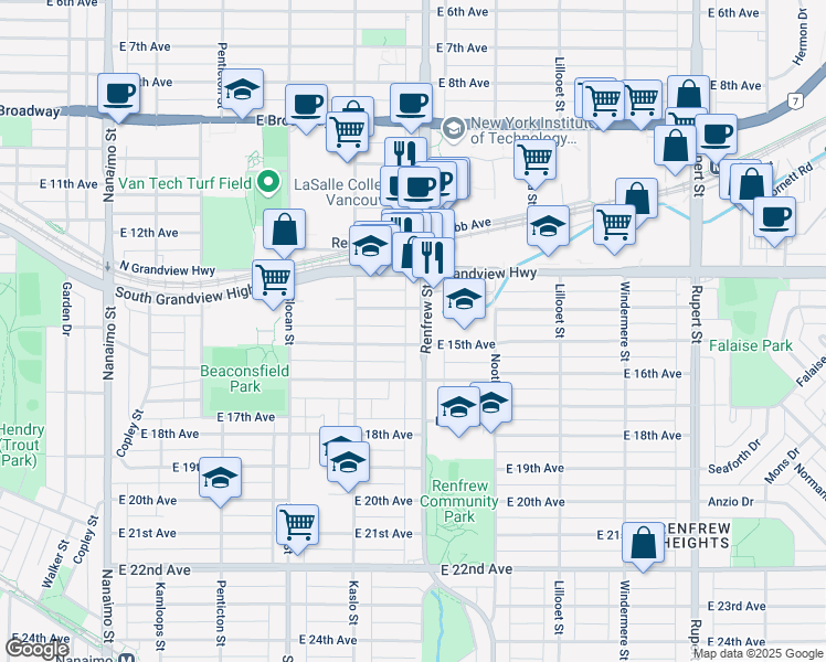 map of restaurants, bars, coffee shops, grocery stores, and more near in Vancouver