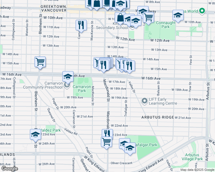 map of restaurants, bars, coffee shops, grocery stores, and more near 3370 Macdonald Street in Vancouver