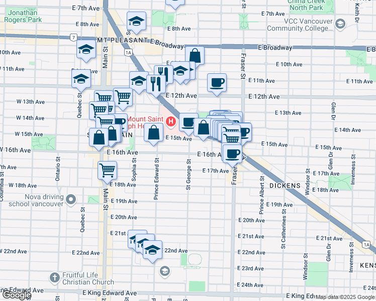 map of restaurants, bars, coffee shops, grocery stores, and more near 497 East 16th Avenue in Vancouver