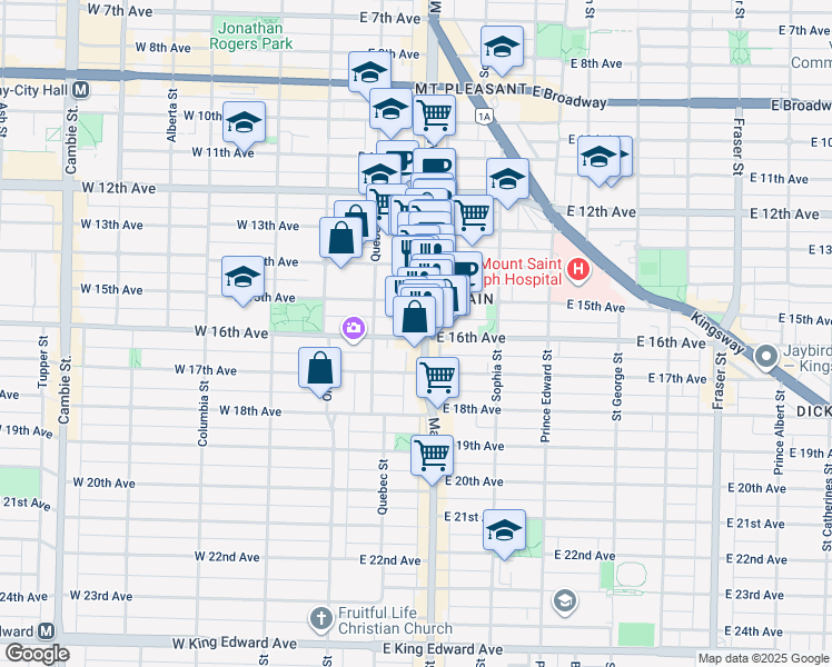 map of restaurants, bars, coffee shops, grocery stores, and more near 189 East 16th Avenue in Vancouver