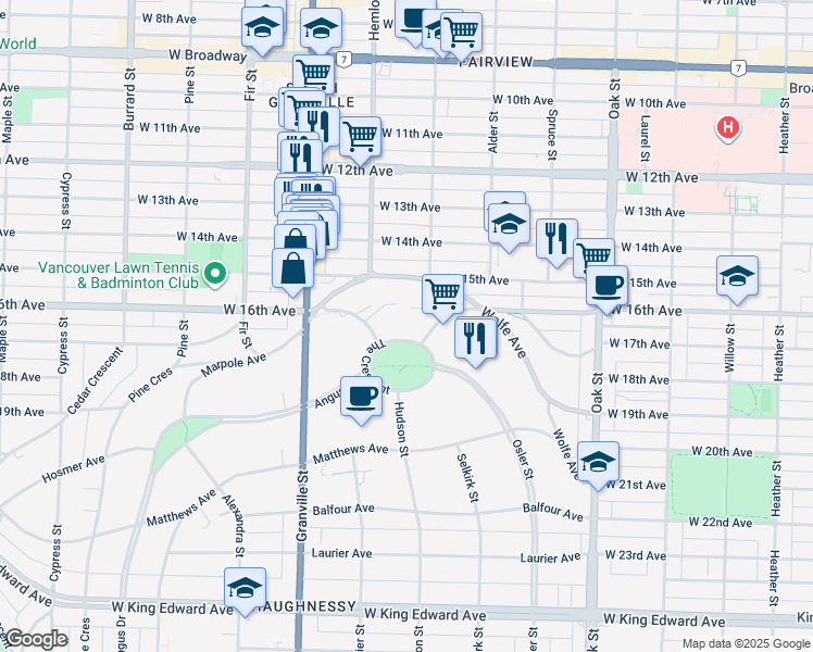 map of restaurants, bars, coffee shops, grocery stores, and more near 1323 The Crescent in Vancouver