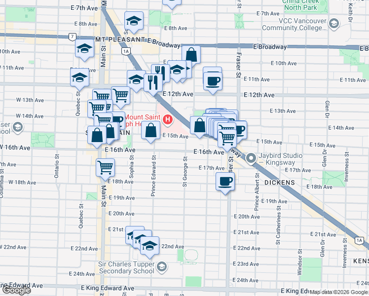 map of restaurants, bars, coffee shops, grocery stores, and more near 3195 Saint George Street in Vancouver