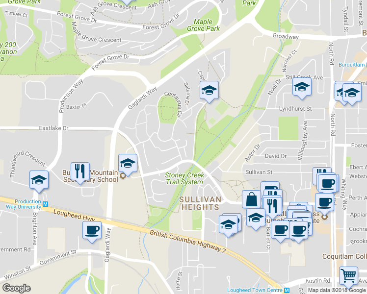 map of restaurants, bars, coffee shops, grocery stores, and more near 3017 Aries Place in Burnaby