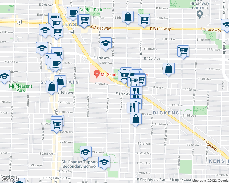 map of restaurants, bars, coffee shops, grocery stores, and more near 533 East 16th Avenue in Vancouver