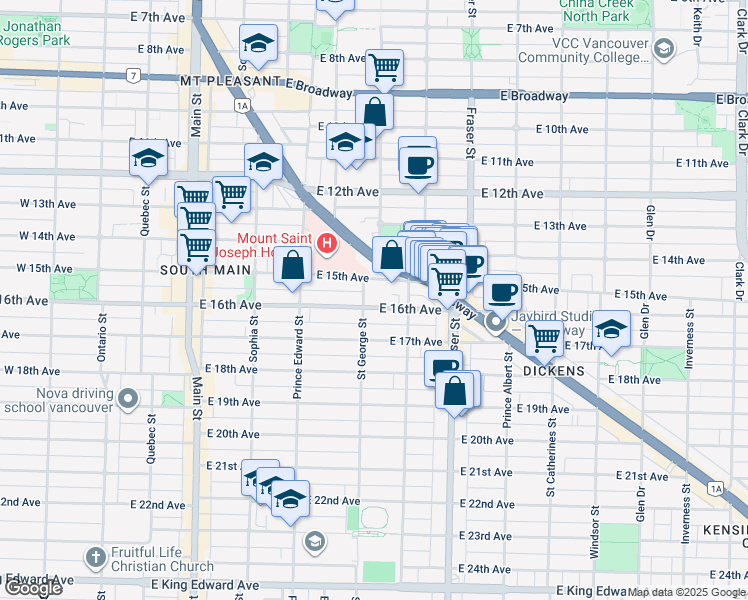 map of restaurants, bars, coffee shops, grocery stores, and more near in Vancouver