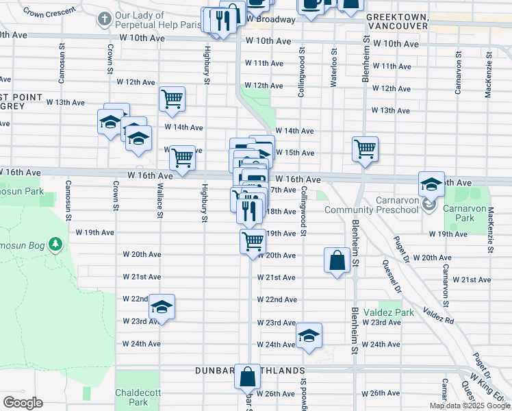 map of restaurants, bars, coffee shops, grocery stores, and more near 3251 Dunbar Street in Vancouver
