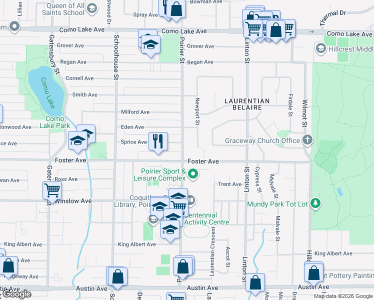 map of restaurants, bars, coffee shops, grocery stores, and more near 657 Poirier Street in Coquitlam