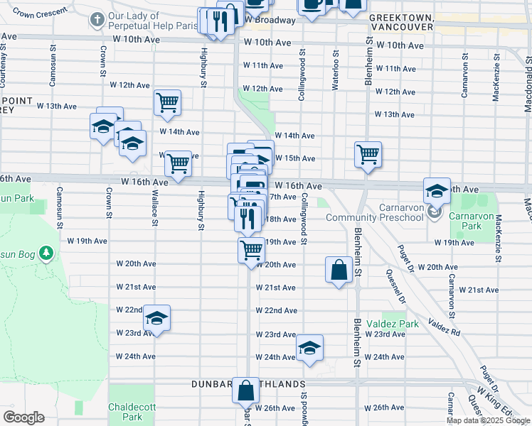 map of restaurants, bars, coffee shops, grocery stores, and more near 3579 West 18th Avenue in Vancouver