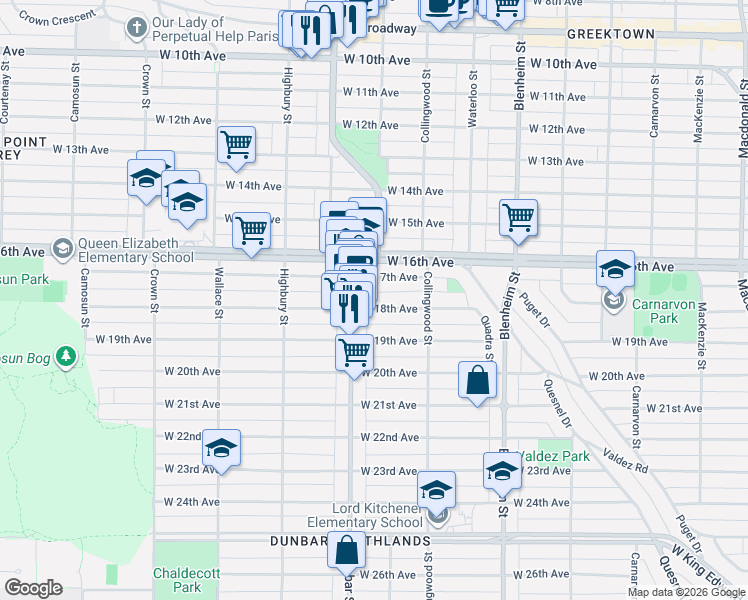 map of restaurants, bars, coffee shops, grocery stores, and more near 3579 West 18th Avenue in Vancouver