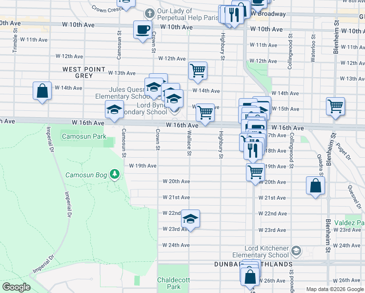 map of restaurants, bars, coffee shops, grocery stores, and more near 3919 West 18th Avenue in Vancouver