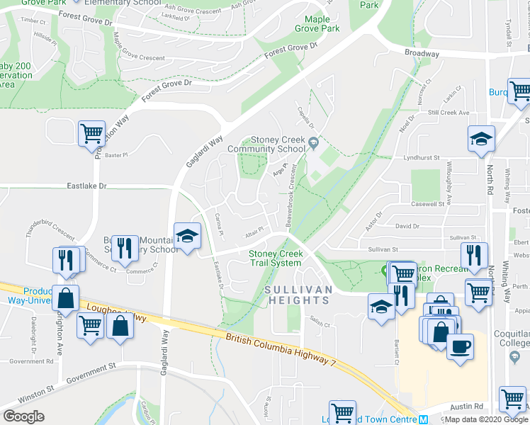 map of restaurants, bars, coffee shops, grocery stores, and more near 3023 Centaurus Drive in Burnaby