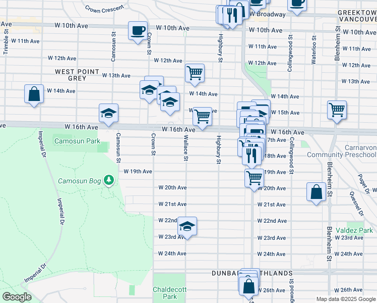 map of restaurants, bars, coffee shops, grocery stores, and more near 3895 West 18th Avenue in Vancouver