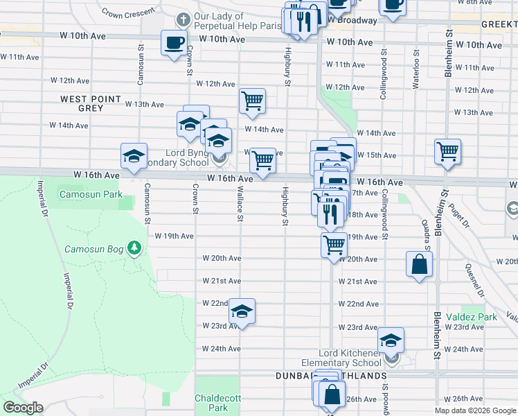 map of restaurants, bars, coffee shops, grocery stores, and more near 3857 West 18th Avenue in Vancouver