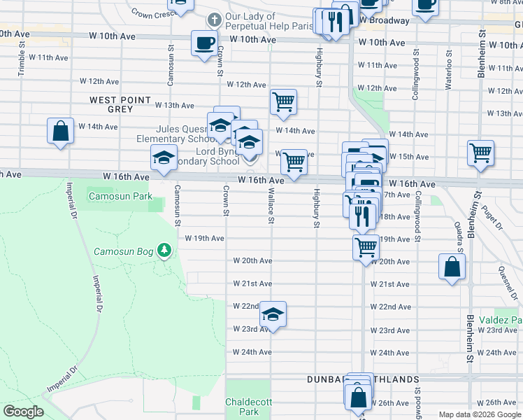 map of restaurants, bars, coffee shops, grocery stores, and more near 3919 West 18th Avenue in Vancouver