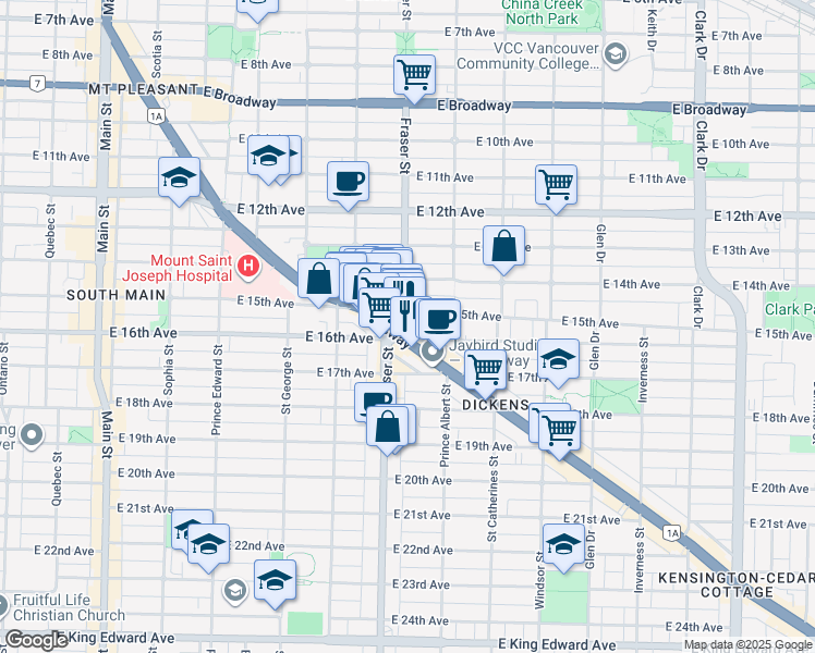 map of restaurants, bars, coffee shops, grocery stores, and more near 705 Kingsway in Vancouver