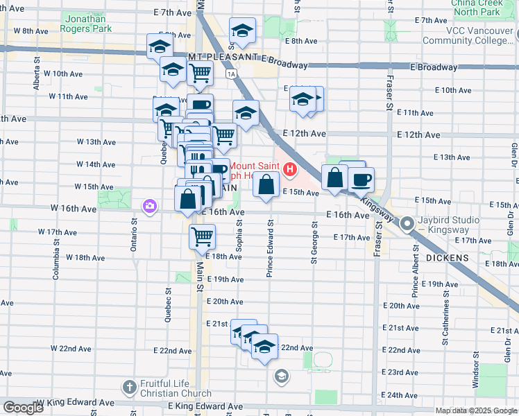 map of restaurants, bars, coffee shops, grocery stores, and more near 355 East 16th Avenue in Vancouver