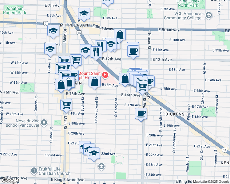 map of restaurants, bars, coffee shops, grocery stores, and more near 3189 Saint George Street in Vancouver