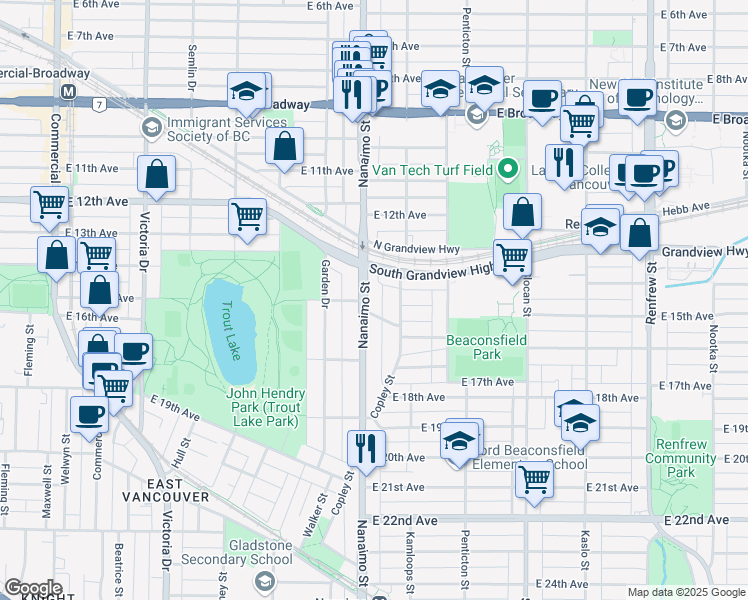 map of restaurants, bars, coffee shops, grocery stores, and more near 3040 Nanaimo Street in Vancouver