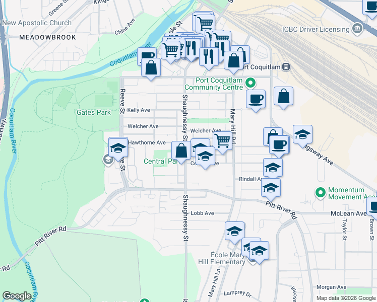 map of restaurants, bars, coffee shops, grocery stores, and more near 2280 Shaughnessy Street in Port Coquitlam