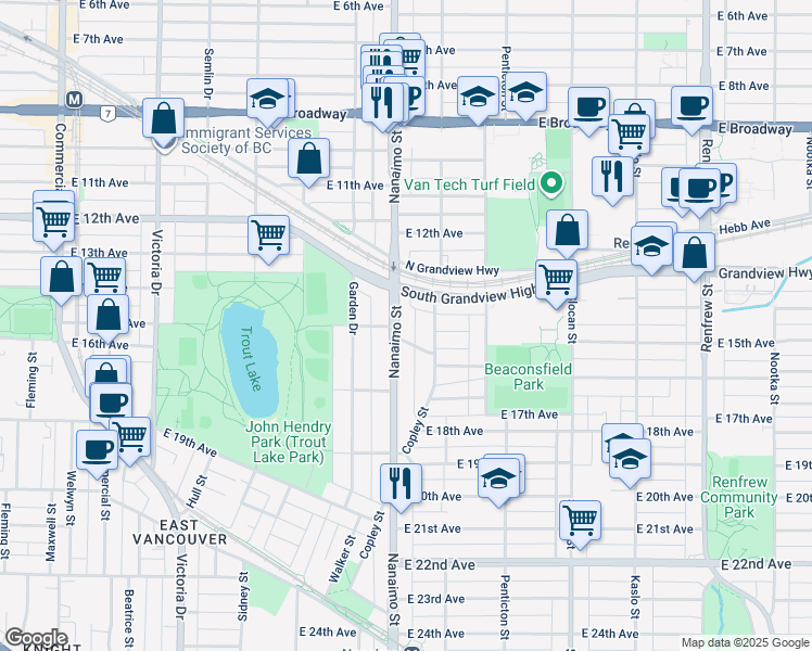map of restaurants, bars, coffee shops, grocery stores, and more near in Vancouver