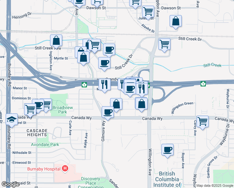 map of restaurants, bars, coffee shops, grocery stores, and more near 4288 Manor Street in Burnaby