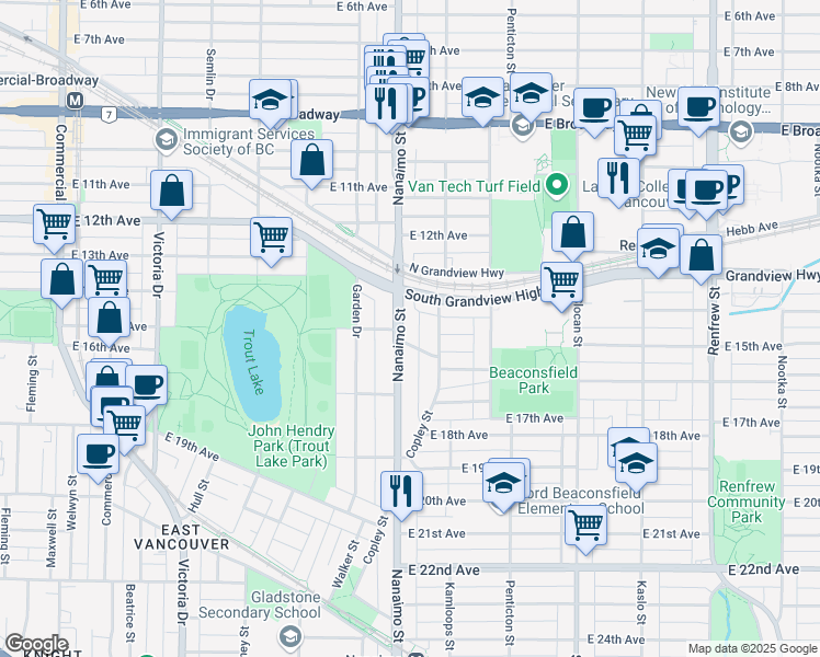 map of restaurants, bars, coffee shops, grocery stores, and more near in Vancouver