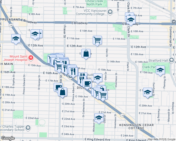 map of restaurants, bars, coffee shops, grocery stores, and more near 914 East 15th Avenue in Vancouver