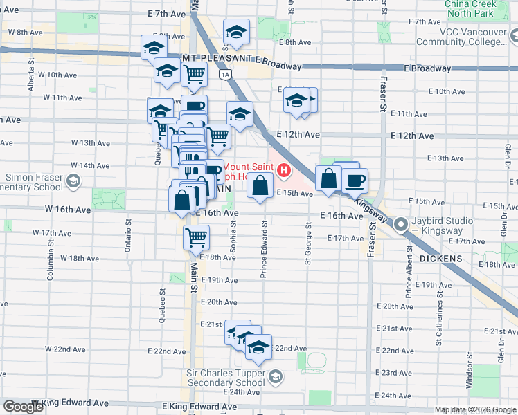 map of restaurants, bars, coffee shops, grocery stores, and more near 369 East 16th Avenue in Vancouver