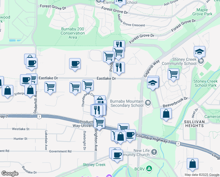 map of restaurants, bars, coffee shops, grocery stores, and more near Production Way in Burnaby