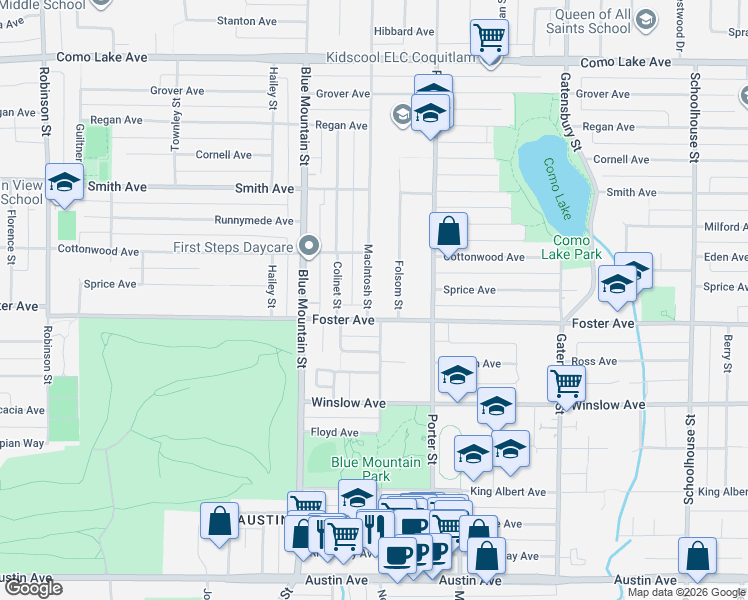 map of restaurants, bars, coffee shops, grocery stores, and more near 655 Macintosh Street in Coquitlam