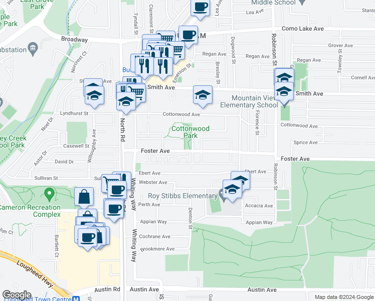 map of restaurants, bars, coffee shops, grocery stores, and more near in Coquitlam
