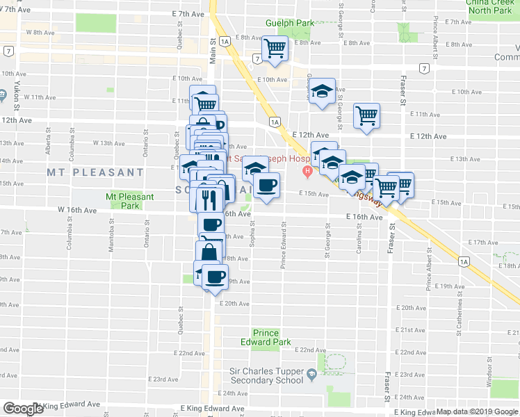 map of restaurants, bars, coffee shops, grocery stores, and more near 371 East 16th Avenue in Vancouver