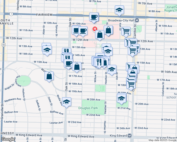 map of restaurants, bars, coffee shops, grocery stores, and more near 876 West 16th Avenue in Vancouver