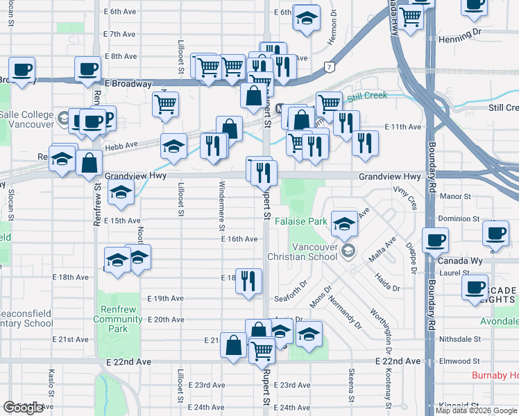 map of restaurants, bars, coffee shops, grocery stores, and more near 3057 Rupert Street in Vancouver