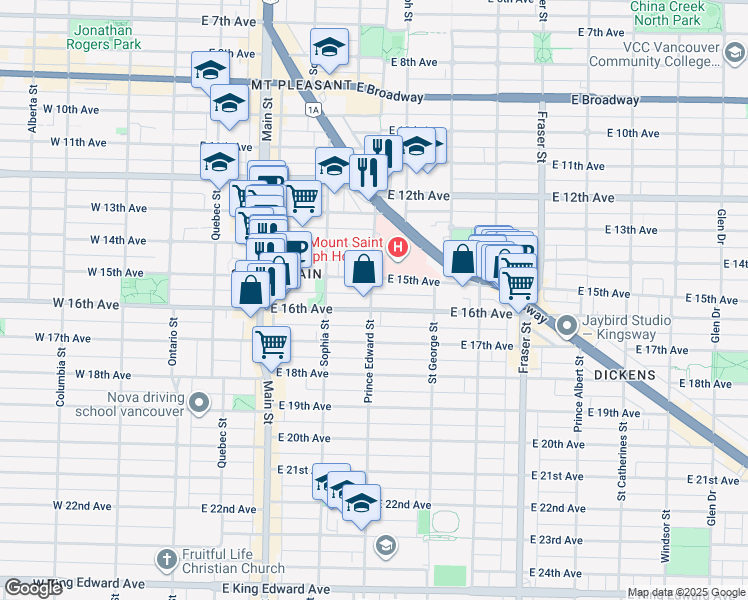 map of restaurants, bars, coffee shops, grocery stores, and more near 3182 Prince Edward Street in Vancouver