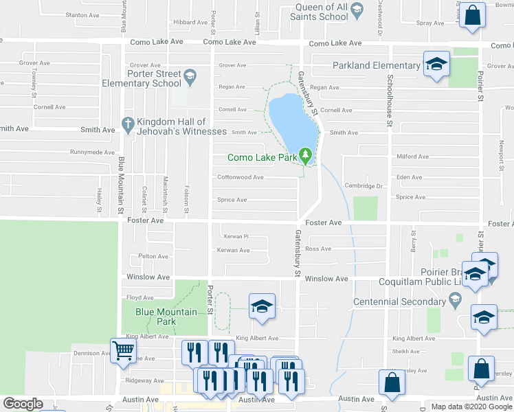 map of restaurants, bars, coffee shops, grocery stores, and more near 1128 Sprice Avenue in Coquitlam