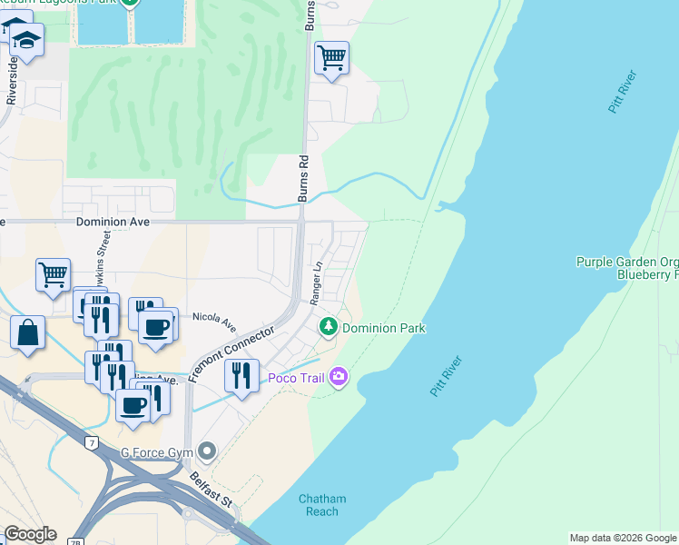 map of restaurants, bars, coffee shops, grocery stores, and more near 2358 Ranger Lane in Pitt Meadows