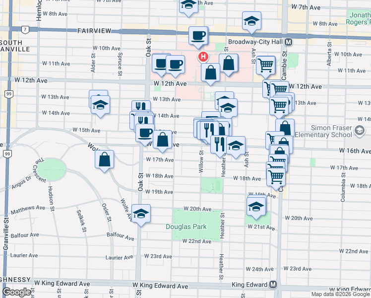 map of restaurants, bars, coffee shops, grocery stores, and more near 876 West 16th Avenue in Vancouver