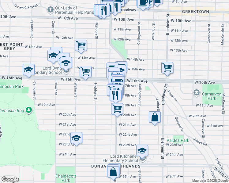map of restaurants, bars, coffee shops, grocery stores, and more near 3363 Dunbar Street in Vancouver