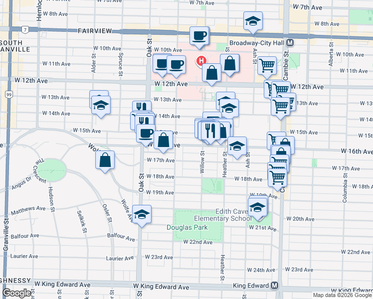 map of restaurants, bars, coffee shops, grocery stores, and more near 876 West 16th Avenue in Vancouver
