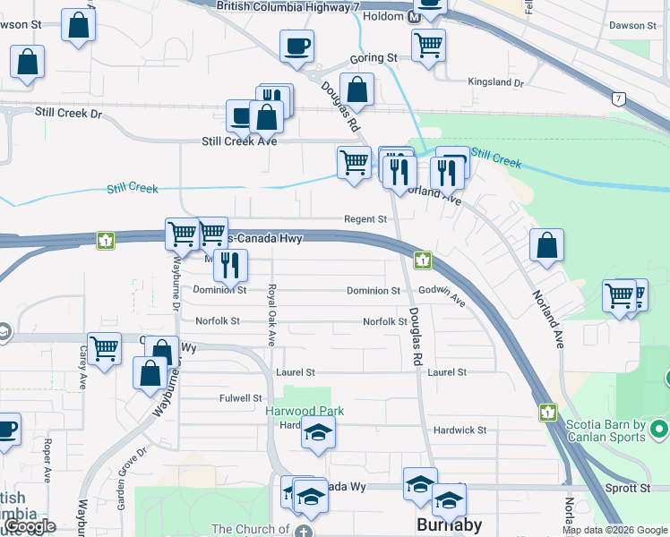 map of restaurants, bars, coffee shops, grocery stores, and more near 5406 Manor Street in Burnaby
