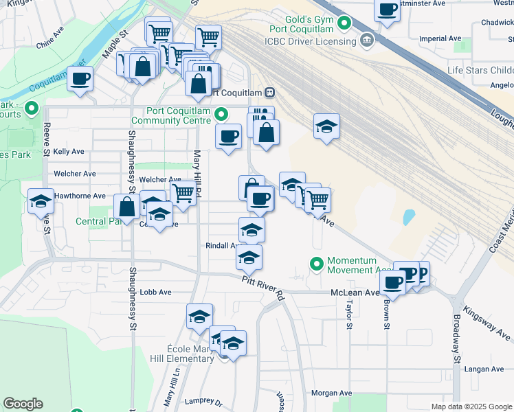 map of restaurants, bars, coffee shops, grocery stores, and more near 2280 Tyner Street in Port Coquitlam