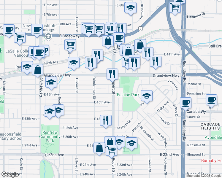 map of restaurants, bars, coffee shops, grocery stores, and more near 3057 Rupert Street in Vancouver